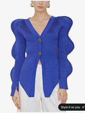 Urban Revivo Wavy Sleeve Ribbed Cardigan - Electric Blue